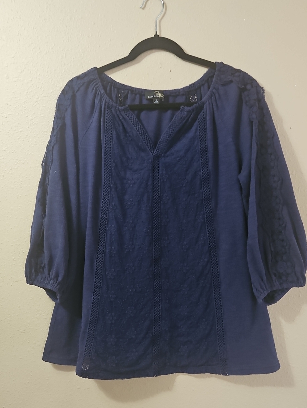 Suzanne Betro Navy Peasant Tunic with Lace Insets